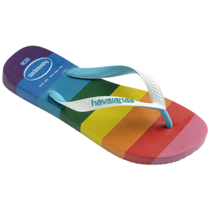 Rainbow stripe flip flops with white straps right 3/4 view