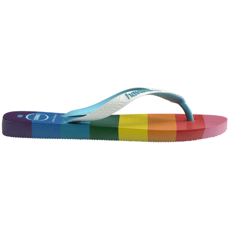 Rainbow stripe flip flops with white straps side view