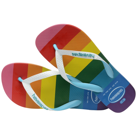 Rainbow stripe flip flops with white straps top view alternate