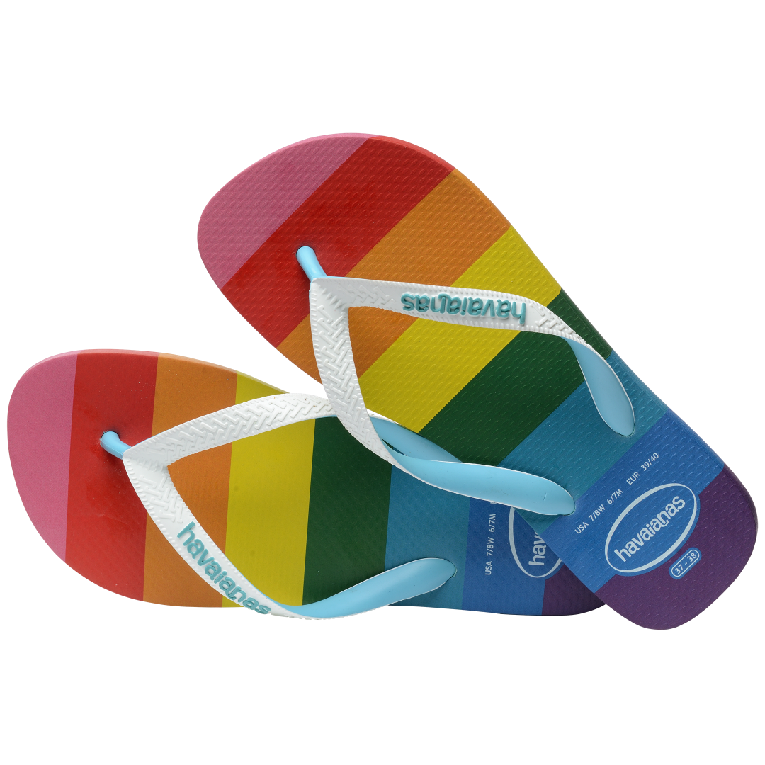 Rainbow stripe flip flops with white straps top view alternate