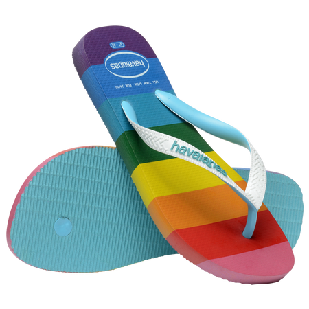 Rainbow stripe flip flops with white straps top view and blue sole view