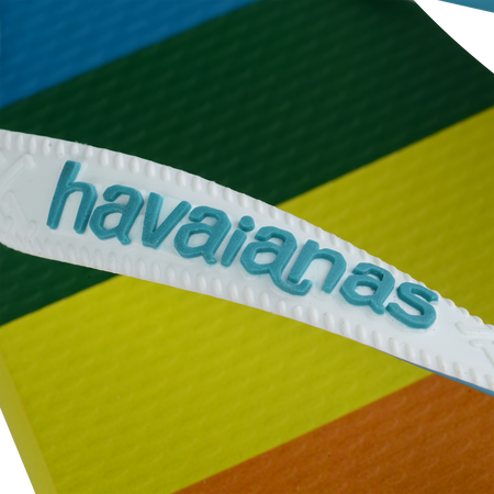 Rainbow stripe flip flops with white straps and blue logo detail view