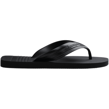 black sandals with rice patterned grooves and striped grooves on the footbed, with black straps and a grey stitched like pattern, side view