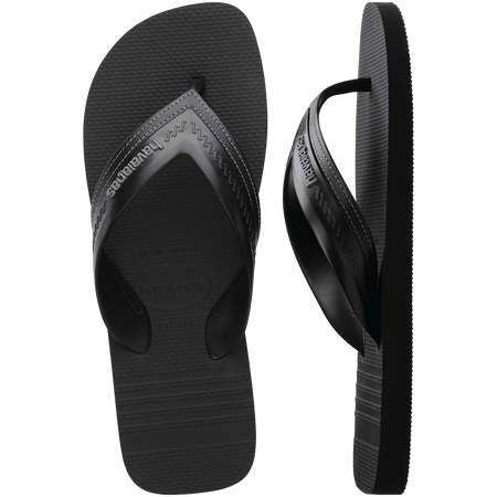 black sandals with rice patterned grooves and striped grooves on the footbed, with black straps and a grey stitched like pattern, one shoe top view one shoe side view