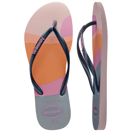 Kid's multicolor abstract print of sunset over the horizon of waves flip flops with navy glitter straps and pink logo side and top view