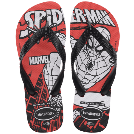 Spiderman cartoon on a red background with black straps, top view