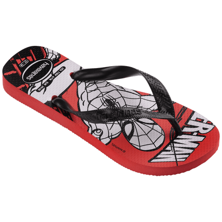 Spiderman cartoon on a red background with black straps, front right view