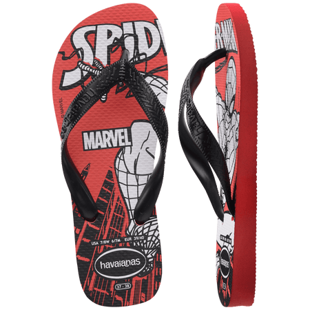 Spiderman cartoon on a red background with black straps, one top view one shoe side view