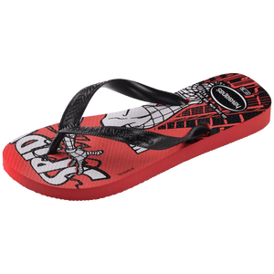 Spiderman cartoon on a red background with black straps, side view