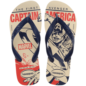 Marvel's Captain America the first avenger cartoon on a beige background with navy and red accents and navy straps, top view