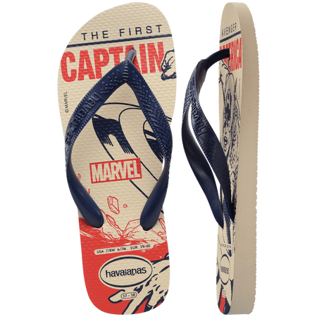 Marvel's Captain America the first avenger cartoon on a beige background with navy and red accents and navy straps, one shoe top view, one shoe side view