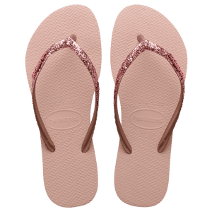 Women's light pink flip flop with pink glitter straps, top view