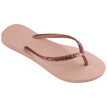 Women's light pink flip flop with pink glitter straps, right 3/4 view