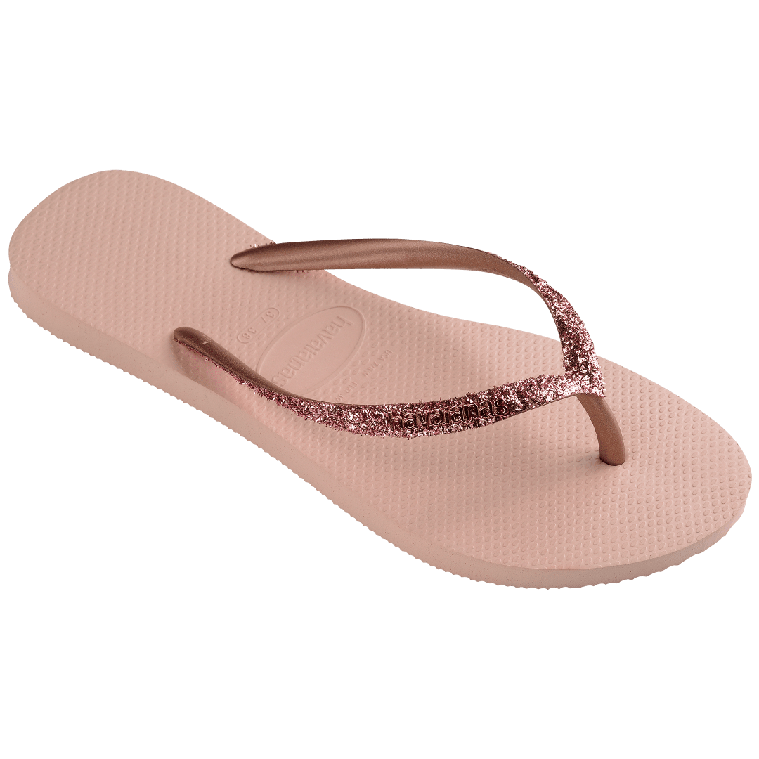 Women's light pink flip flop with pink glitter straps, right 3/4 view