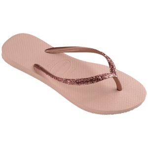 Women's light pink flip flop with pink glitter straps, right 3/4 view