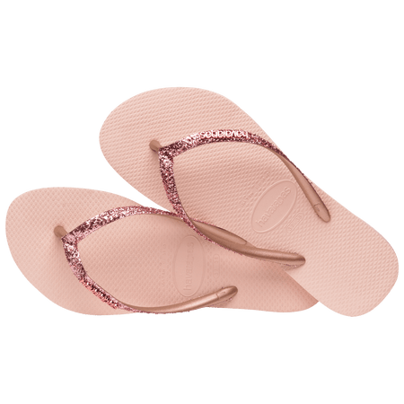 Women's light pink flip flop with pink glitter straps, alternate top view