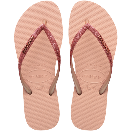 Kids' light pink flip flop with pink glitter straps top view