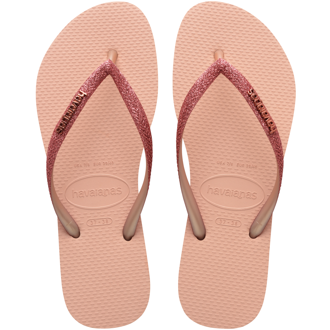 Kids' light pink flip flop with pink glitter straps top view