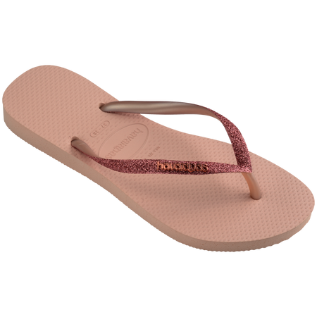 Kids' light pink flip flop with pink glitter straps right 3/4 view