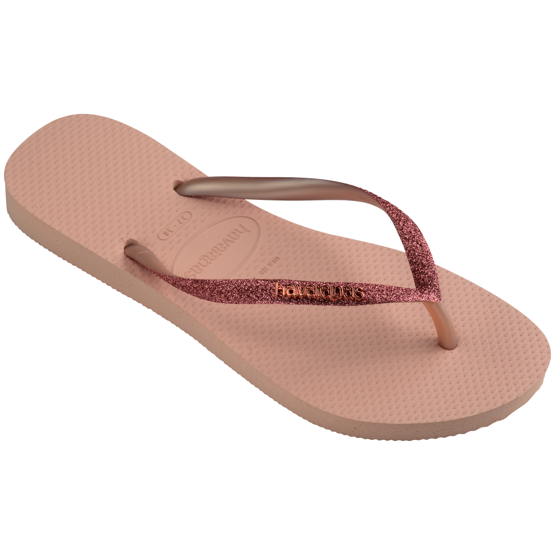 Kids' light pink flip flop with pink glitter straps right 3/4 view