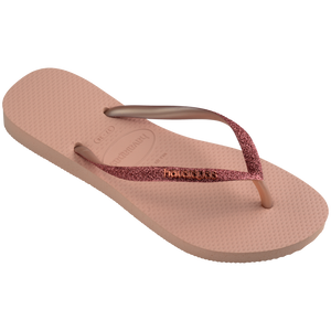 Kids' light pink flip flop with pink glitter straps right 3/4 view