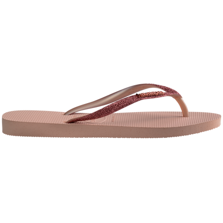 Kids' light pink flip flop with pink glitter straps side view