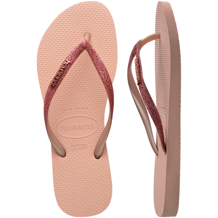 Kids' light pink flip flop with pink glitter straps top and side view