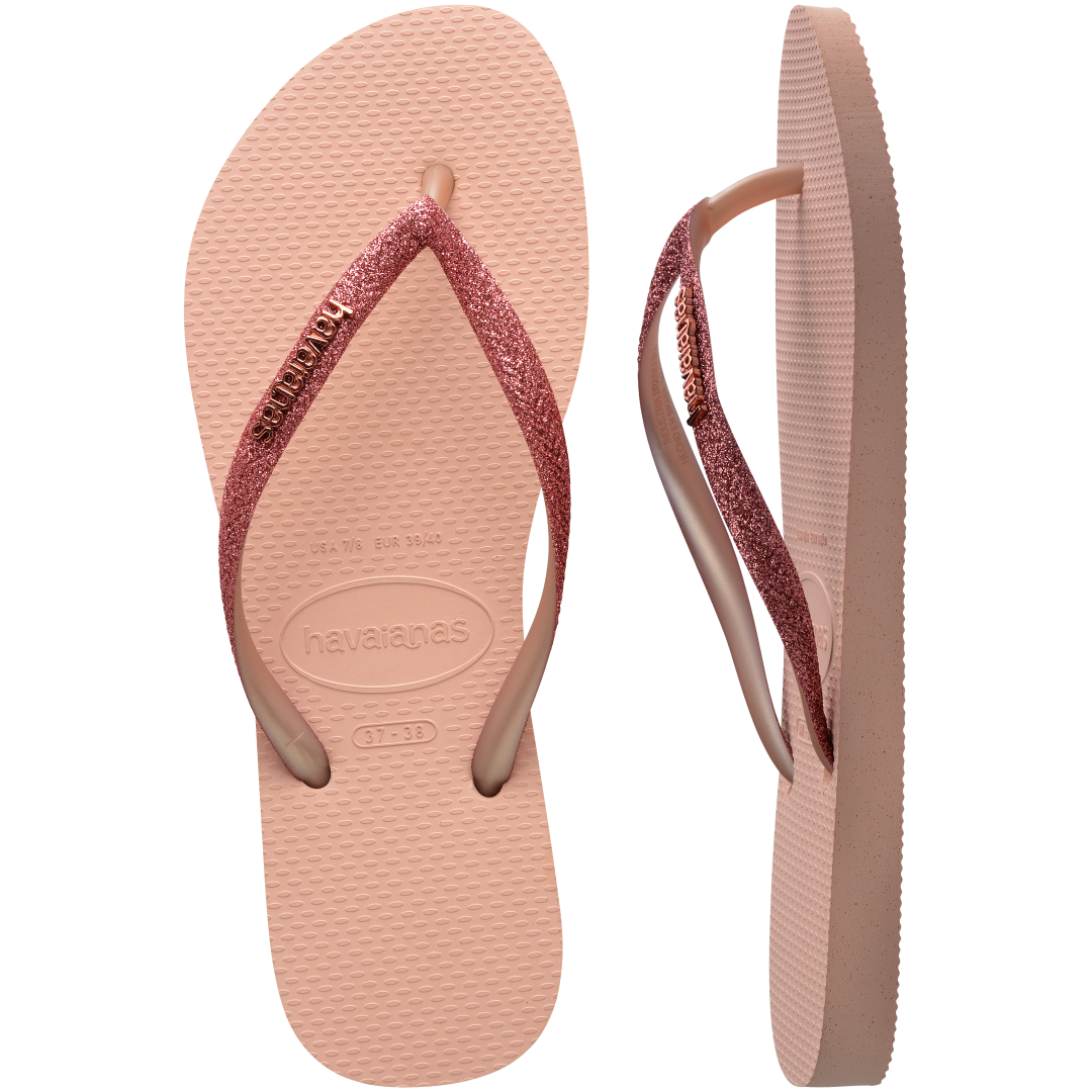 Kids' light pink flip flop with pink glitter straps top and side view