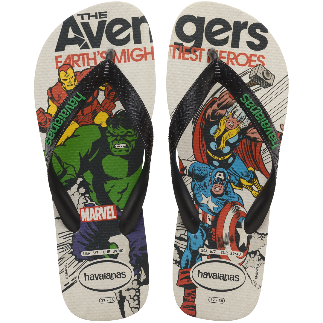 Kids' Marvel's Avengers multicolor flip flop featuring Hulk, Captain America, Thor and Iron Man, top view