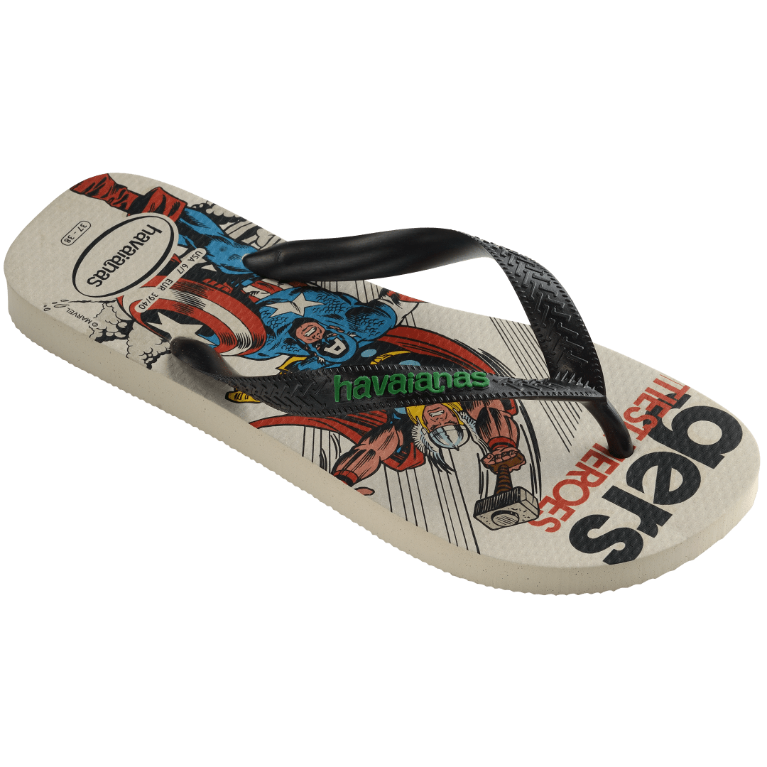 Kids' Marvel's Avengers multicolor flip flop featuring Hulk, Captain America, Thor and Iron Man, right 3/4 view