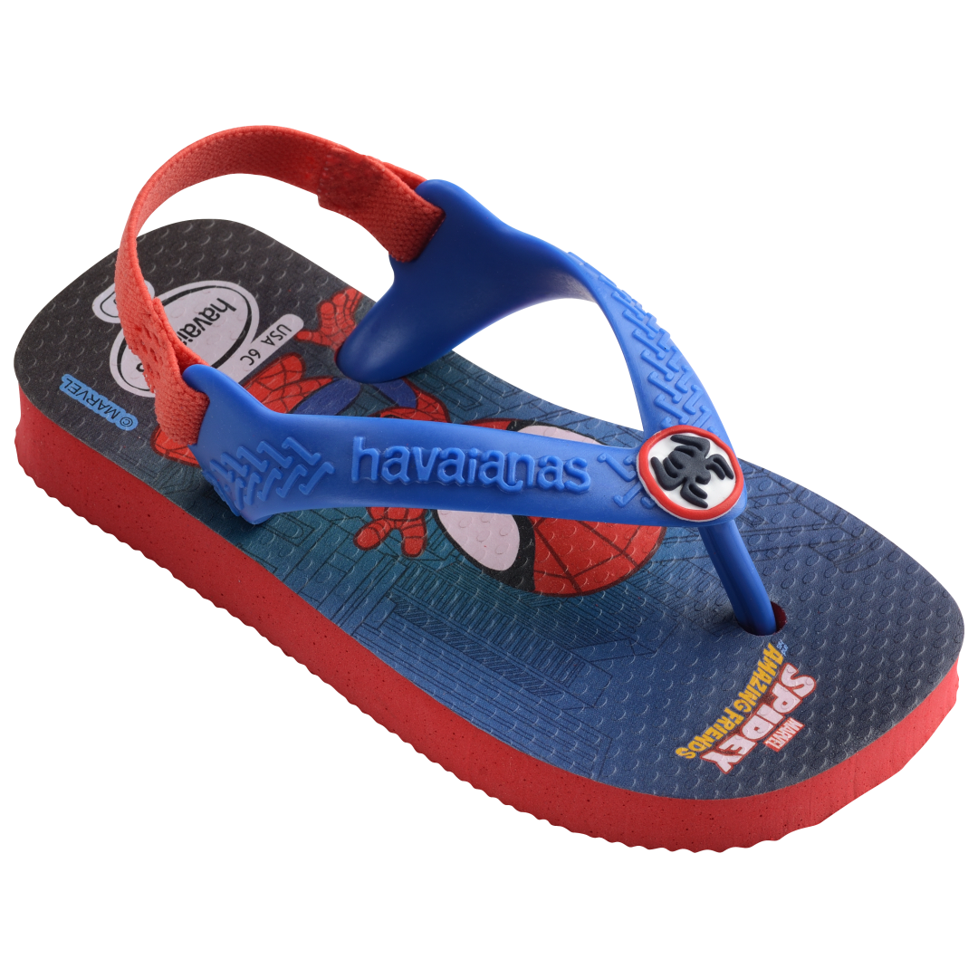 Baby Marvel's Spiderman flip flops with back strap and contrast red sole 3/4 side view