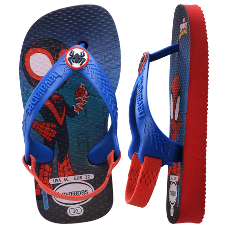 Baby Marvel's Spiderman flip flops with back strap and contrast red sole top and side view