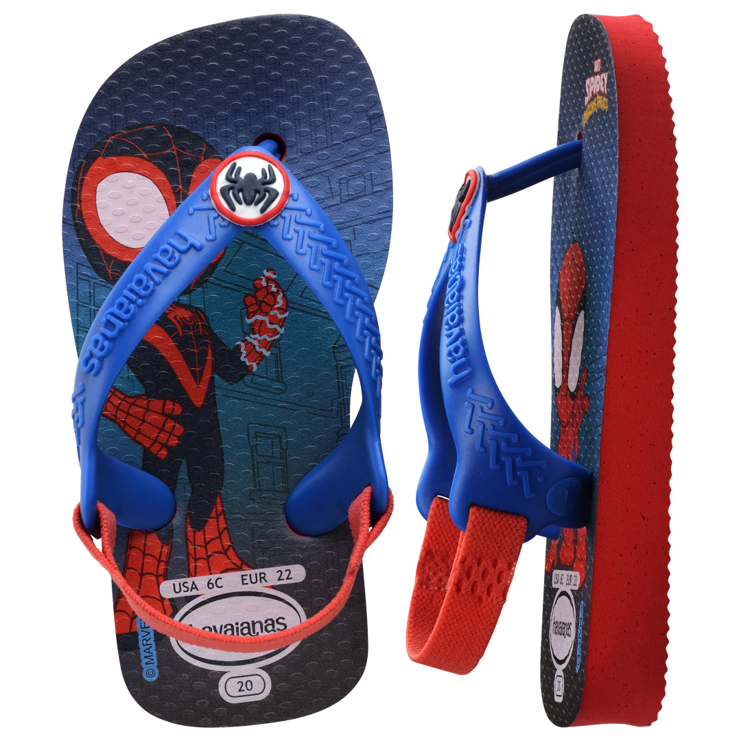 Baby Marvel's Spiderman flip flops with back strap and contrast red sole top and side view