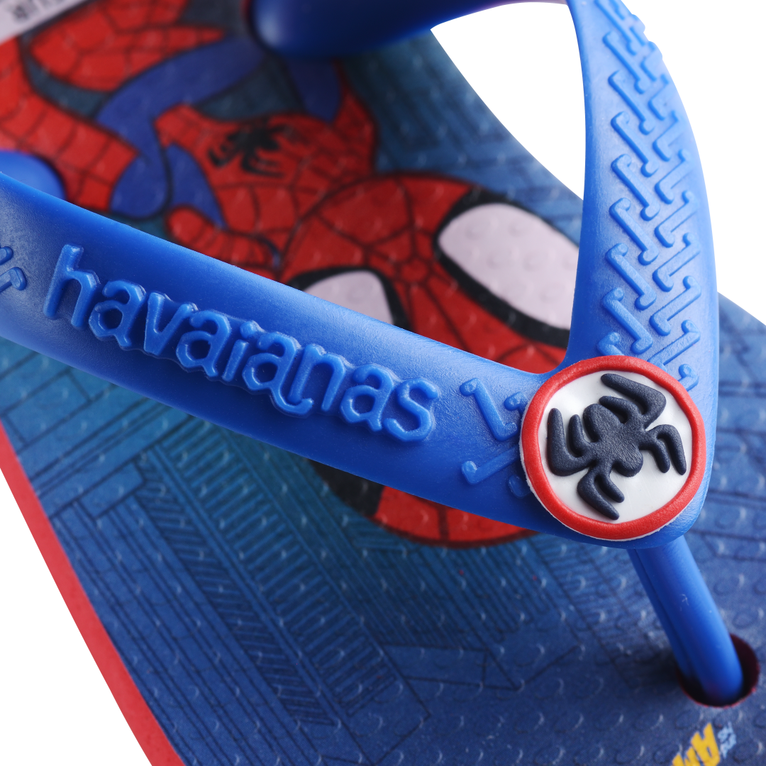 Baby Marvel's Spiderman flip flops with back strap and contrast red sole logo detail view