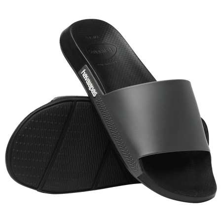 Men's black slides bottom view of black sole with right shoe perched on top