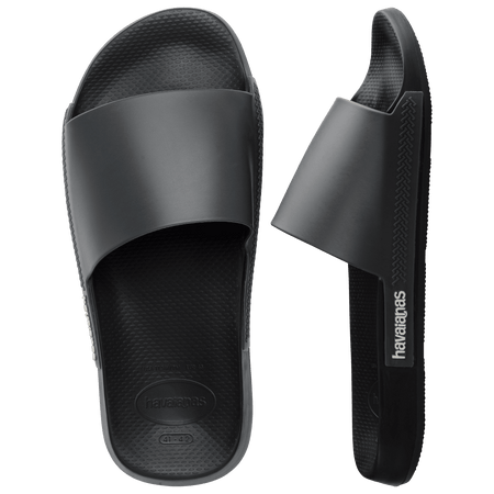 Men's black slides top and side view