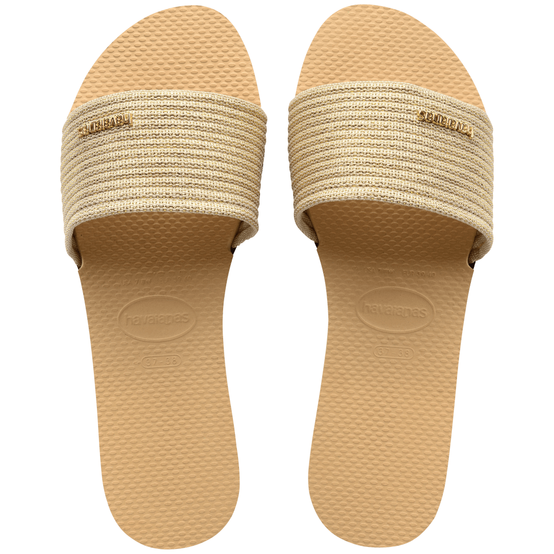 women's beige slide with tonal metallic upper top view