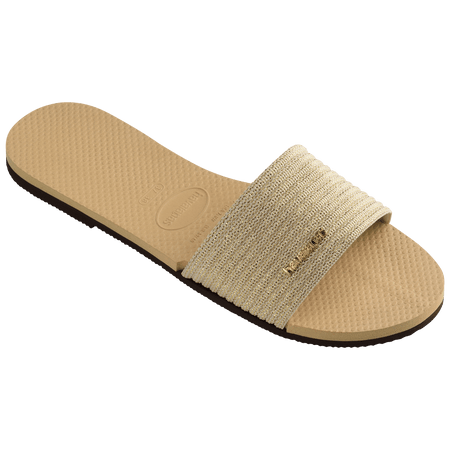 women's beige slide with tonal metallic upper 3/4 right view