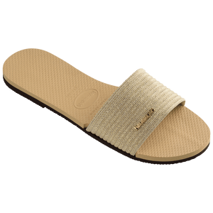 women's beige slide with tonal metallic upper 3/4 right view