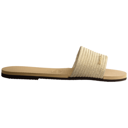 women's beige slide with tonal metallic upper side view