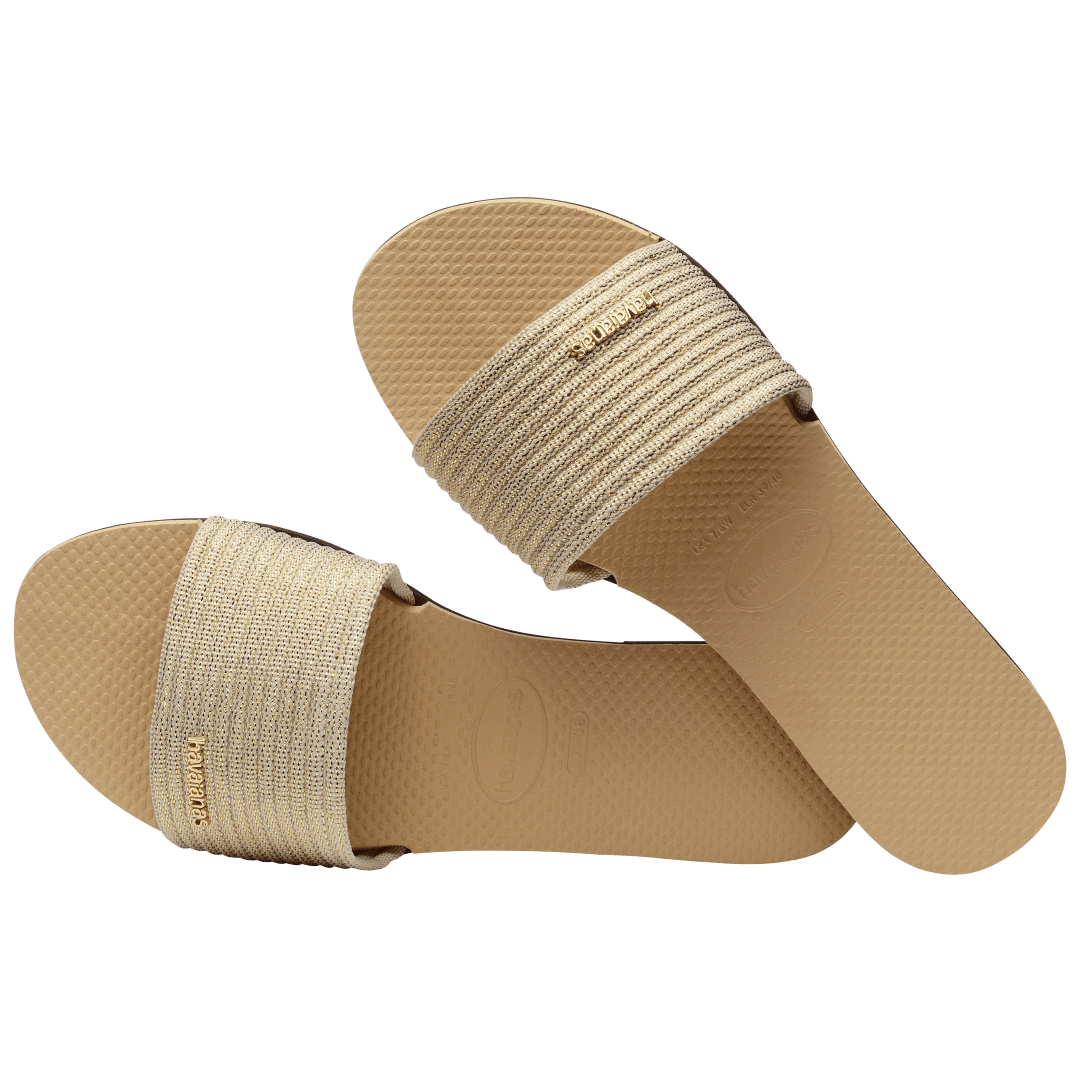 women's beige slide with tonal metallic upper alternate top view