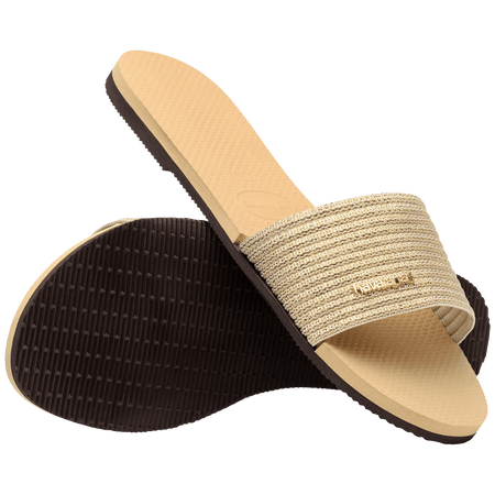 women's beige slide with tonal metallic upper bottom view with brown sole and top view