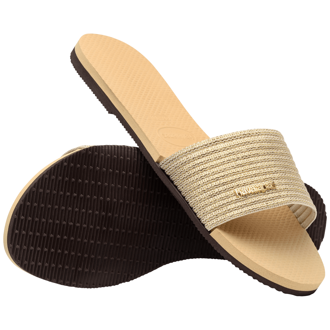 women's beige slide with tonal metallic upper bottom view with brown sole and top view