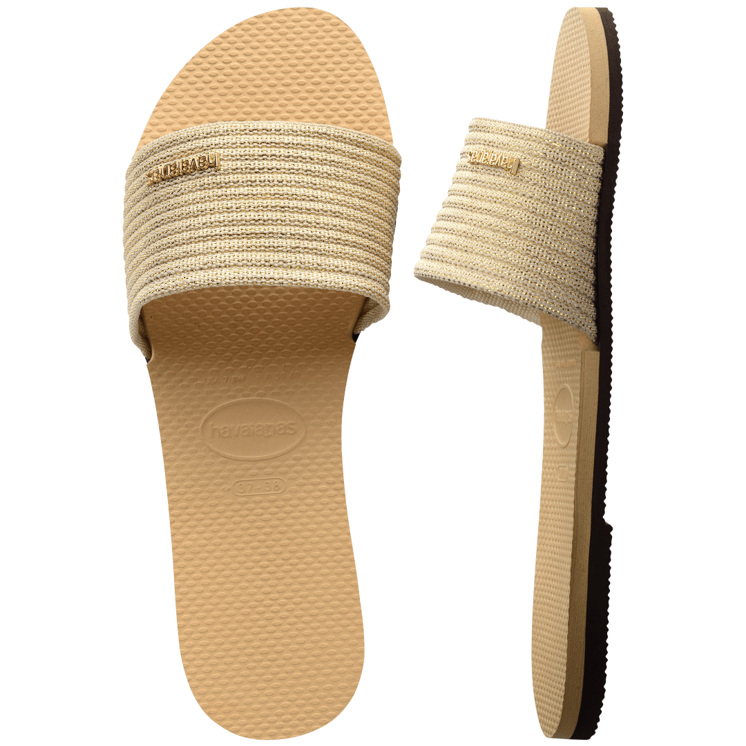 women's beige slide with tonal metallic upper top view and side view