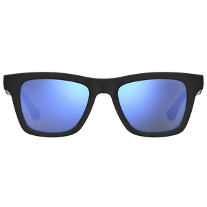 Men's black and blue sunglasses, front-angle view