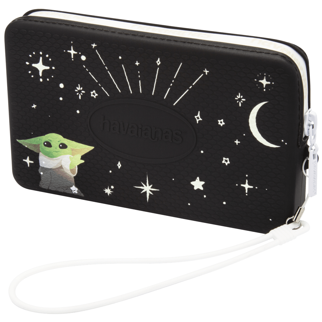 Star Wars Baby Yoda black wristlet bag with white star and moon details front view