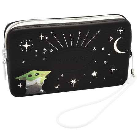 Star Wars Baby Yoda black wristlet bag with white star and moon details alternate front view