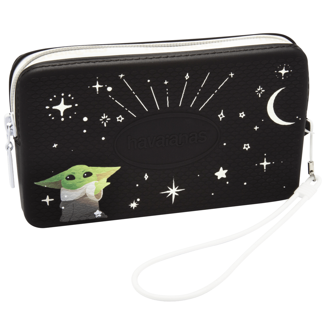 Star Wars Baby Yoda black wristlet bag with white star and moon details alternate front view