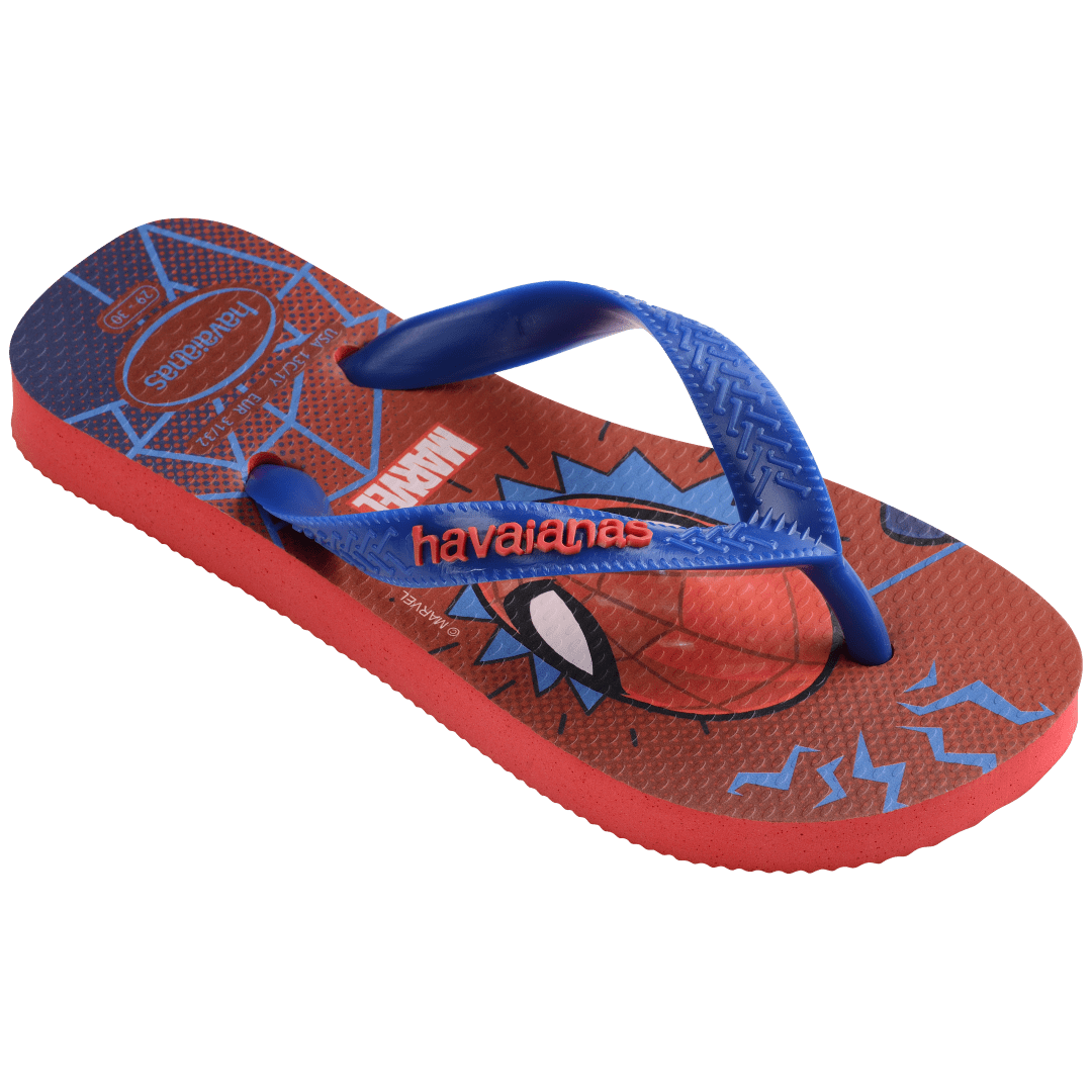 spiderman on a red and blue background with spider webs and a blue strap, front right view