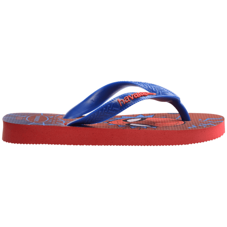 spiderman on a red and blue background with spider webs and a blue strap, side view